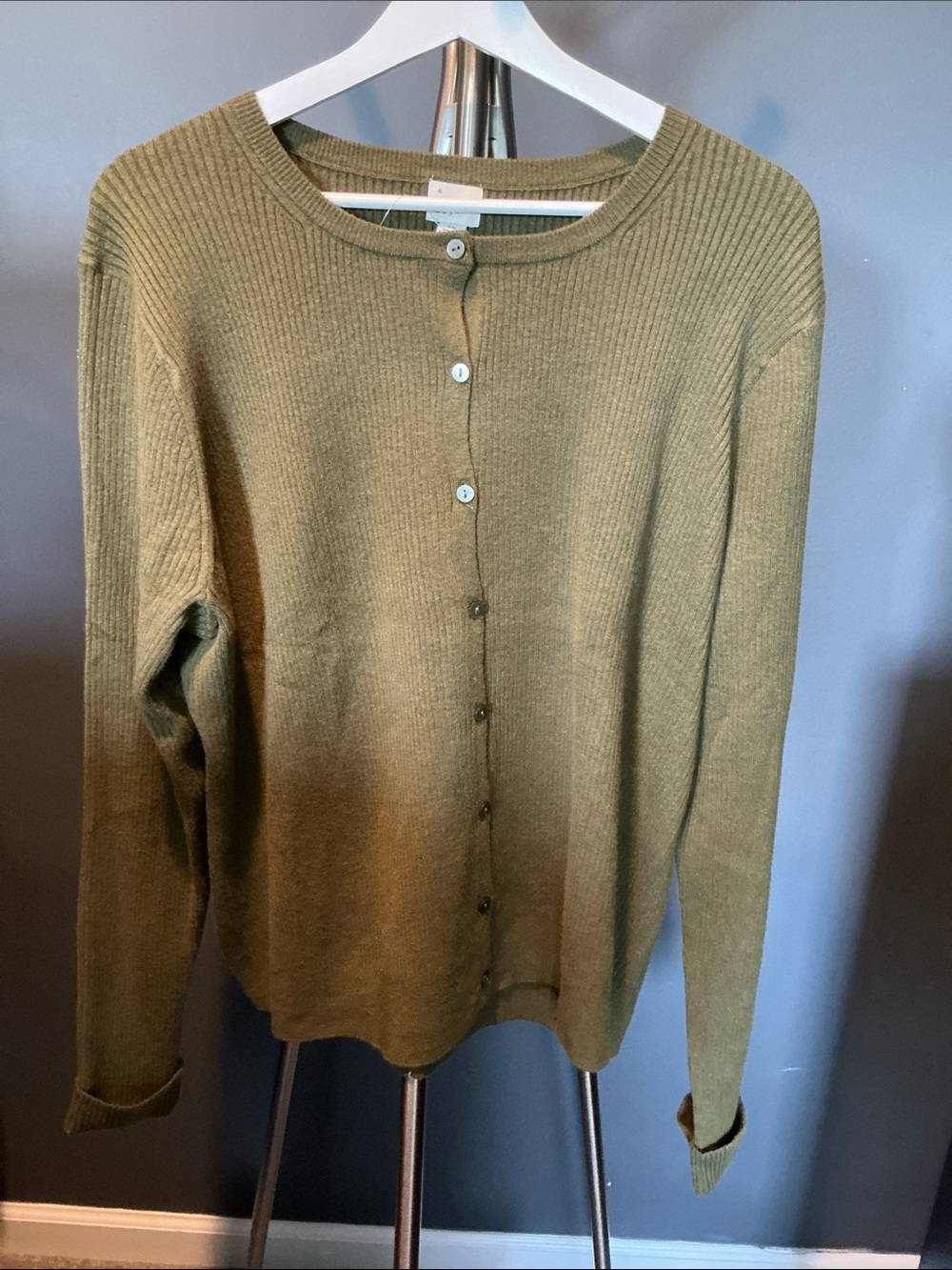 Olive Green Ribbed Button-Front Cardigan